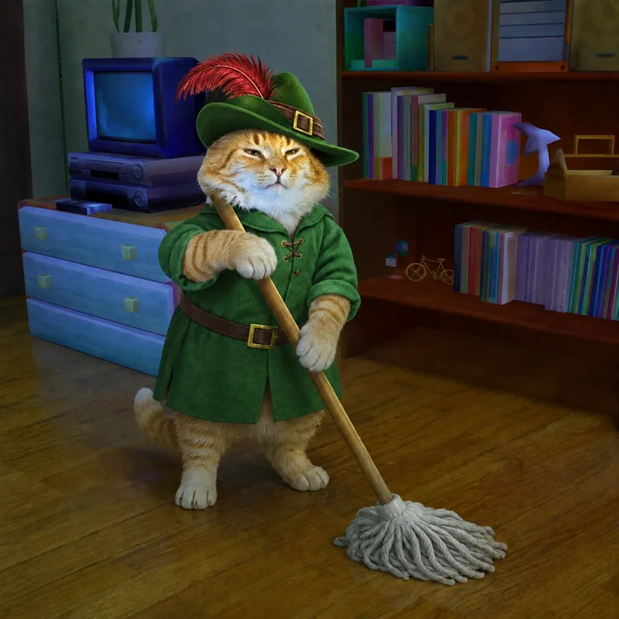 The cat mopping the floor of an empty hall