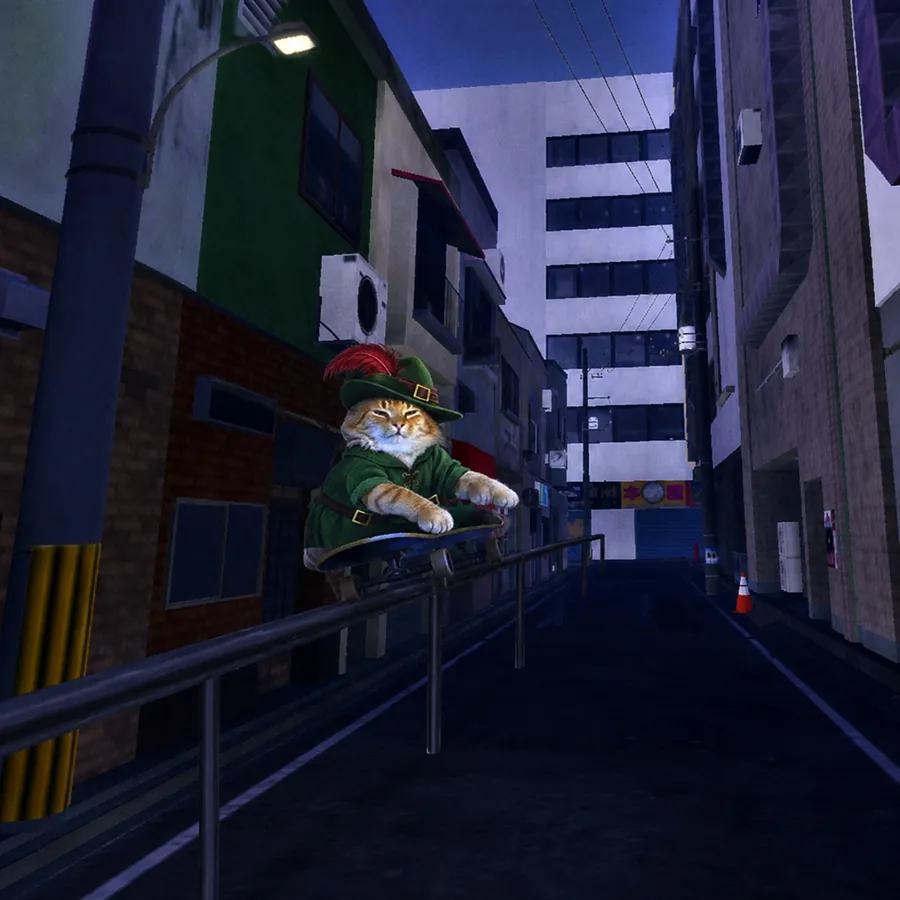 The cat grinding a skateboard down a handrail