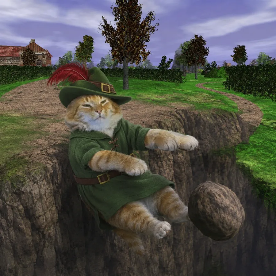 The cat falling off a cliff next to a boulder