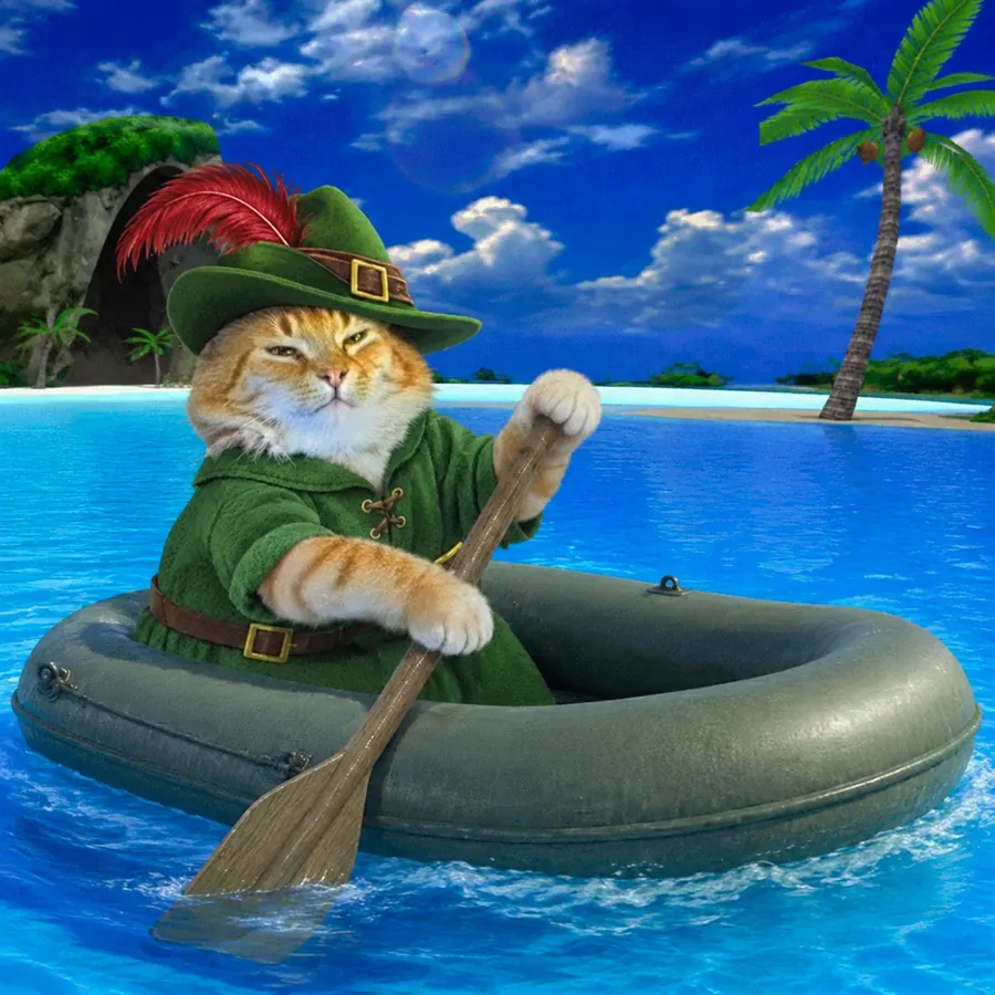 The cat paddling an inflatable boat